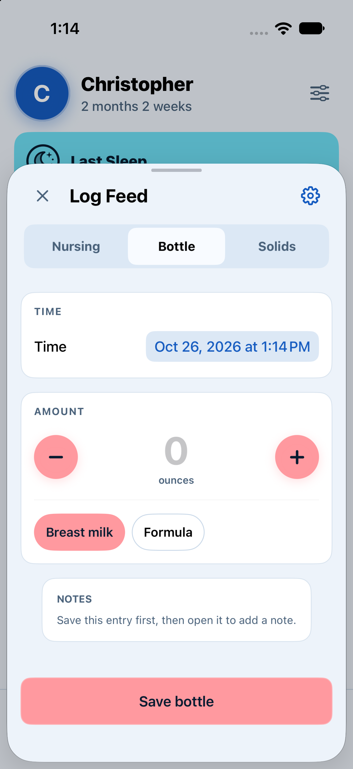 Actual Bottles logging controls in Baby Tracker