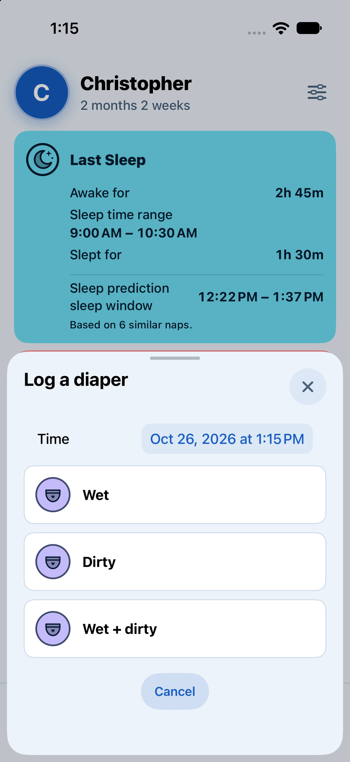 Actual Diapers logging controls in Baby Tracker