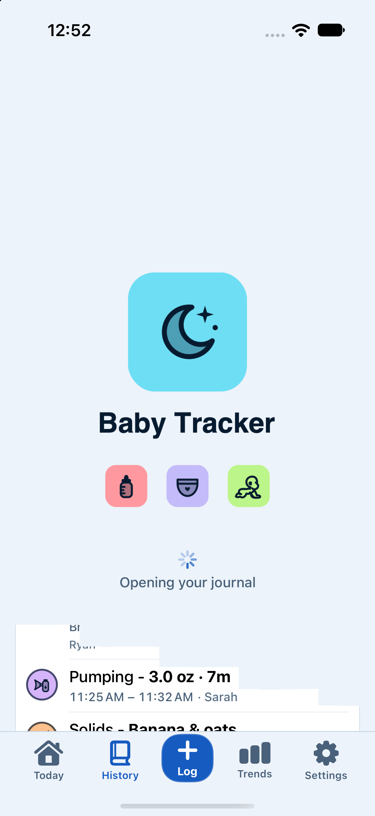 Sample shared care history in Baby Tracker build 226 with entry authors
