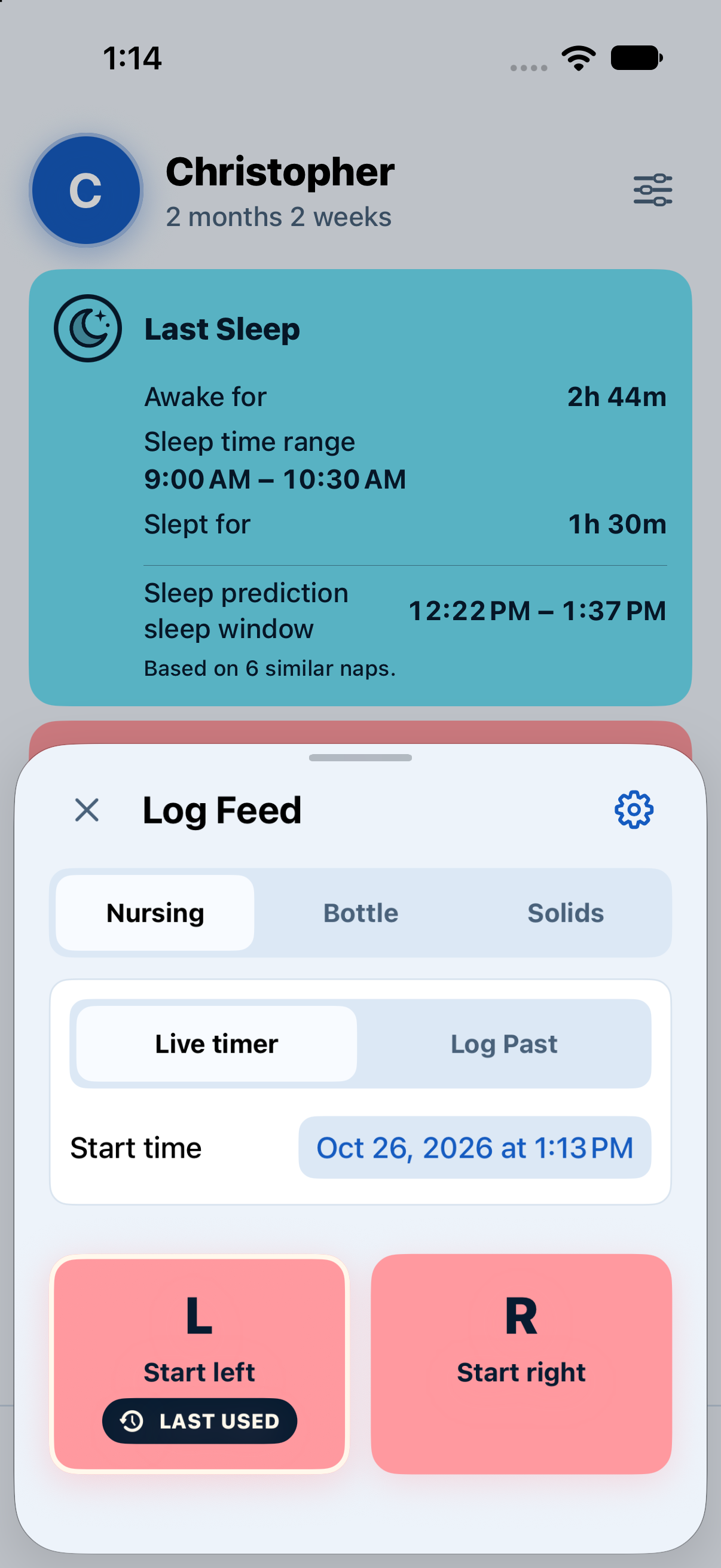 Actual Nursing logging controls in Baby Tracker