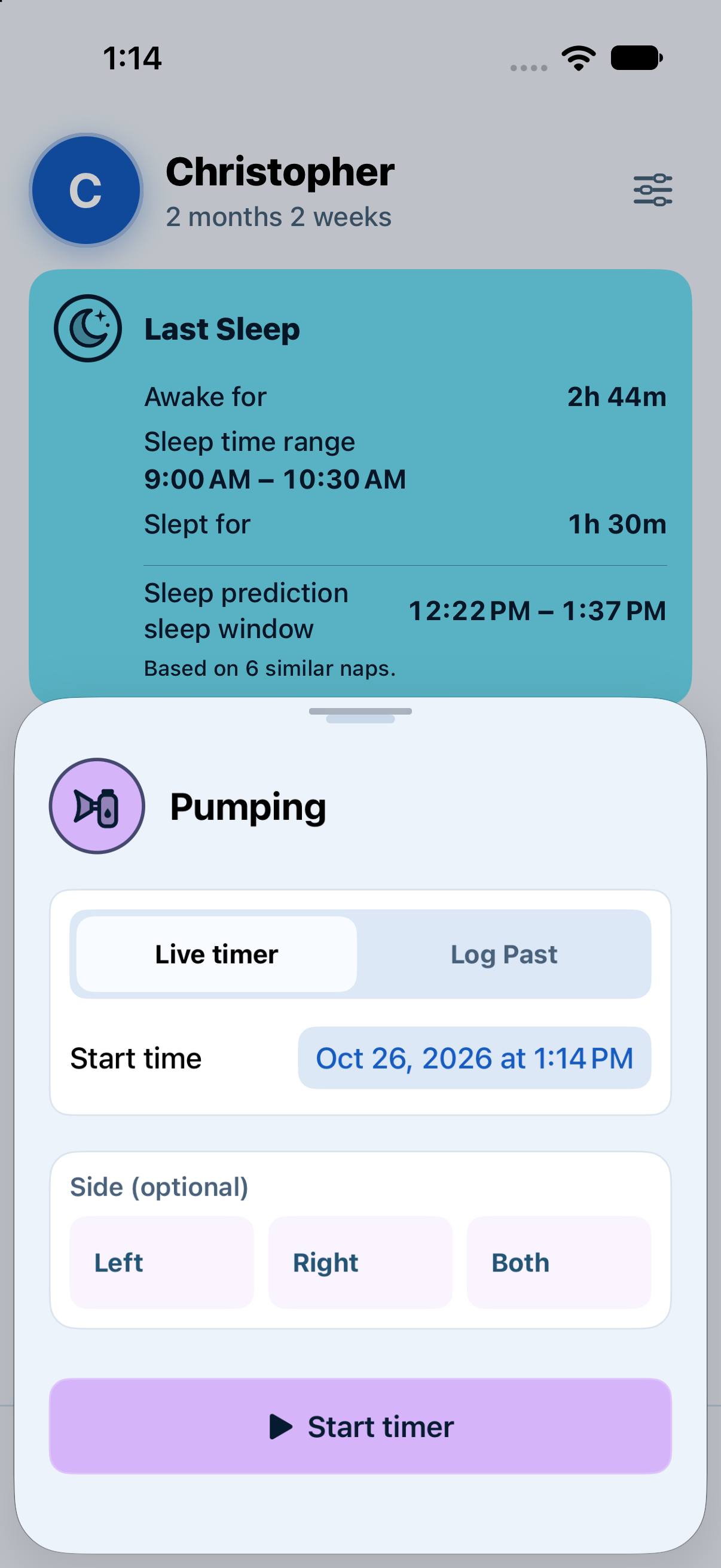 Actual Pumping logging controls in Baby Tracker