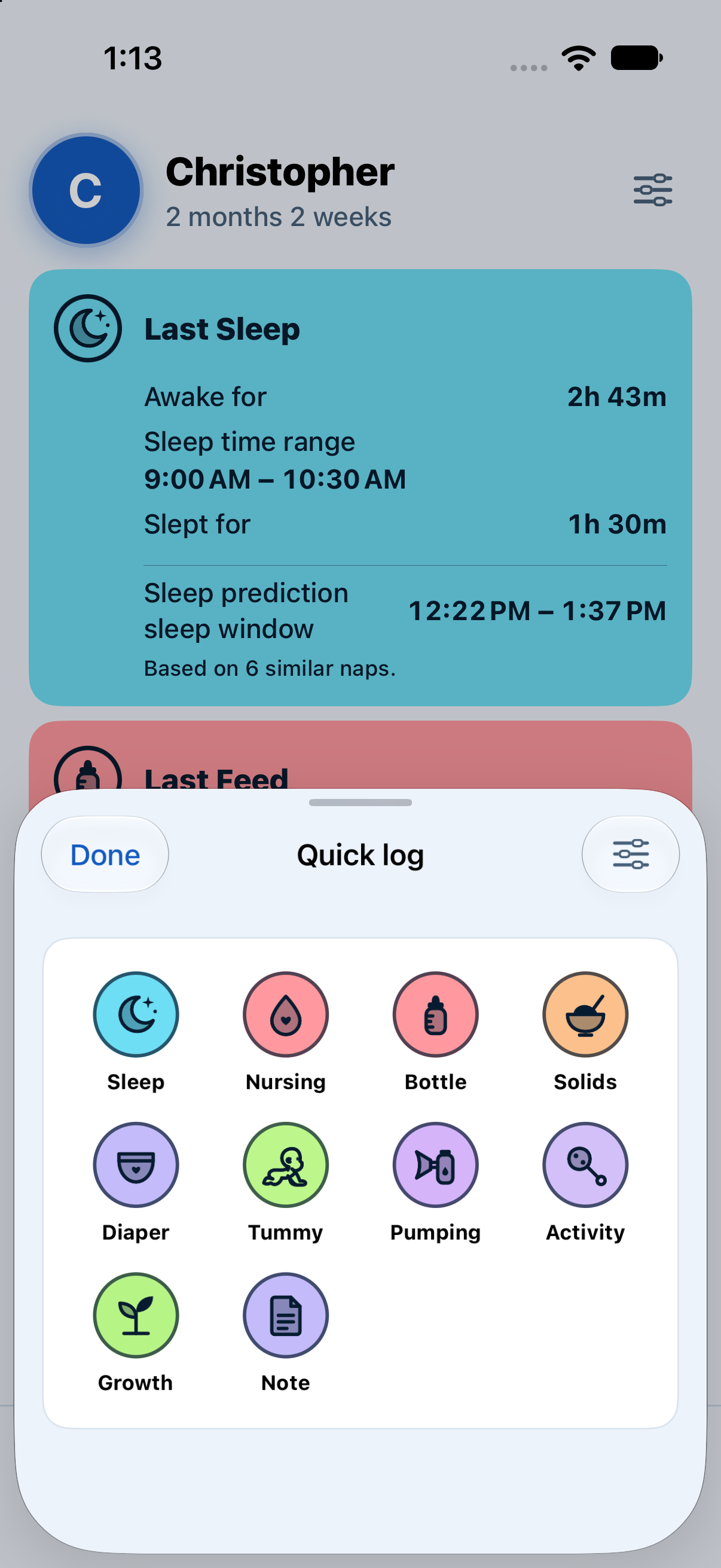 Baby Tracker quick log activity choices