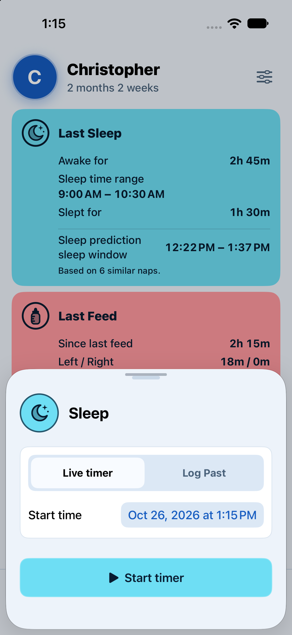 Actual Sleep logging controls in Baby Tracker