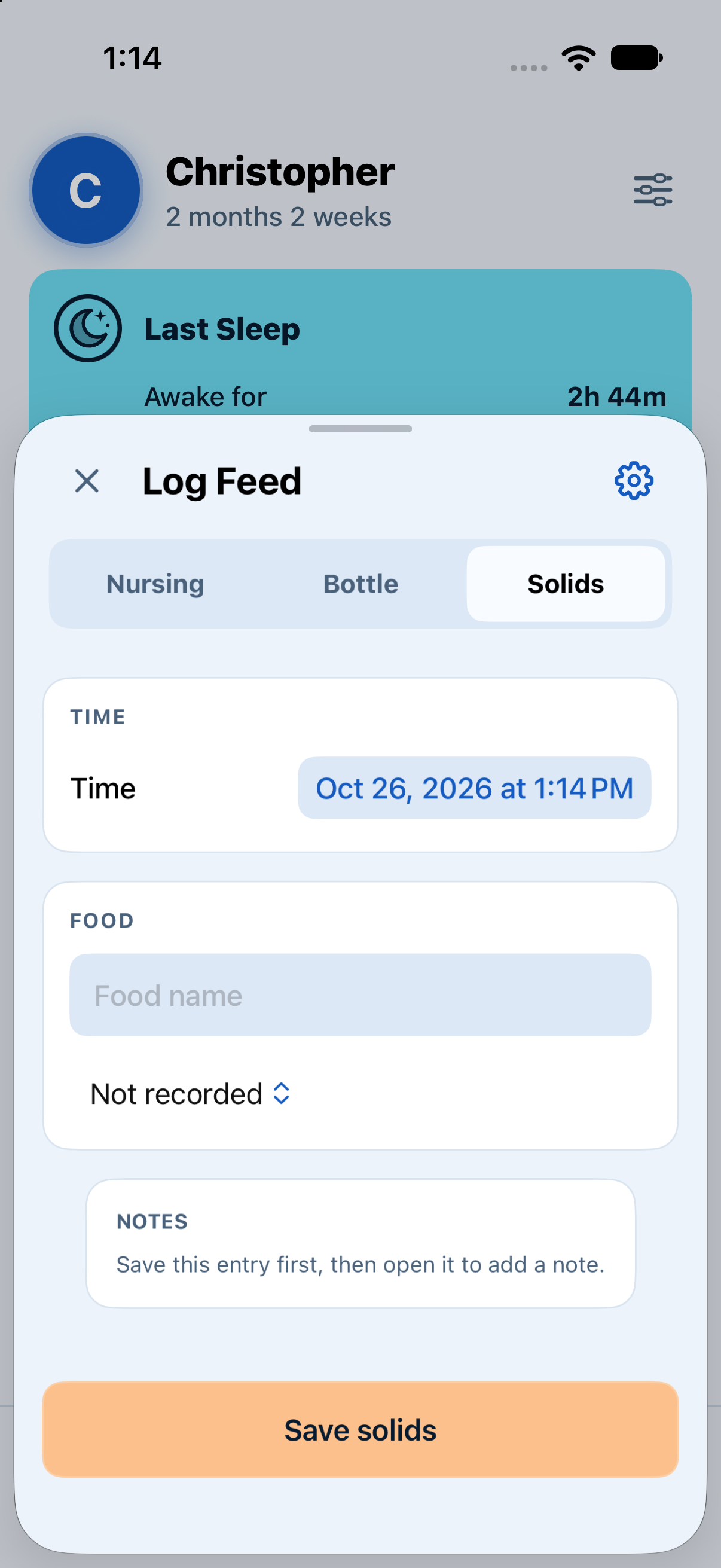 Actual Solids logging controls in Baby Tracker