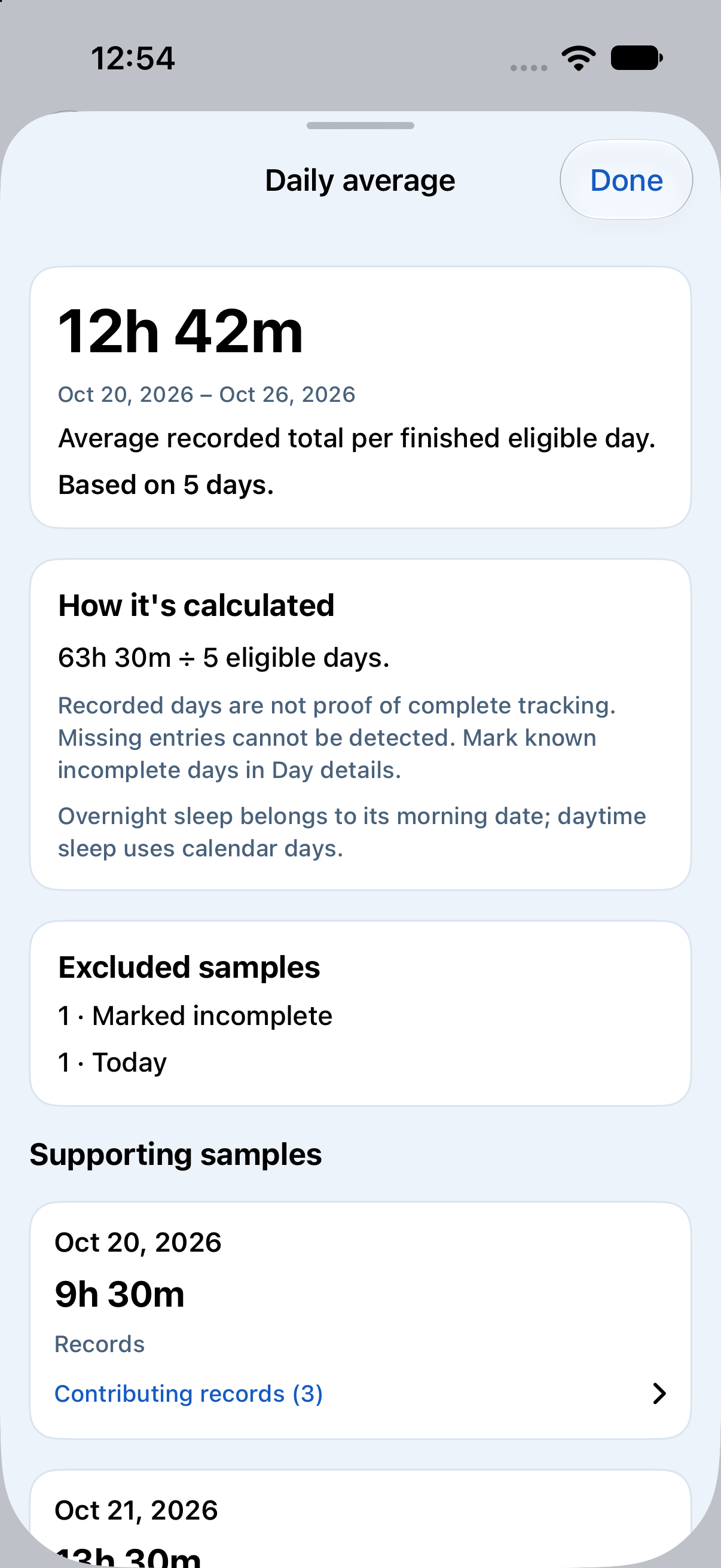 Baby Tracker Daily average calculation, exclusions and supporting samples