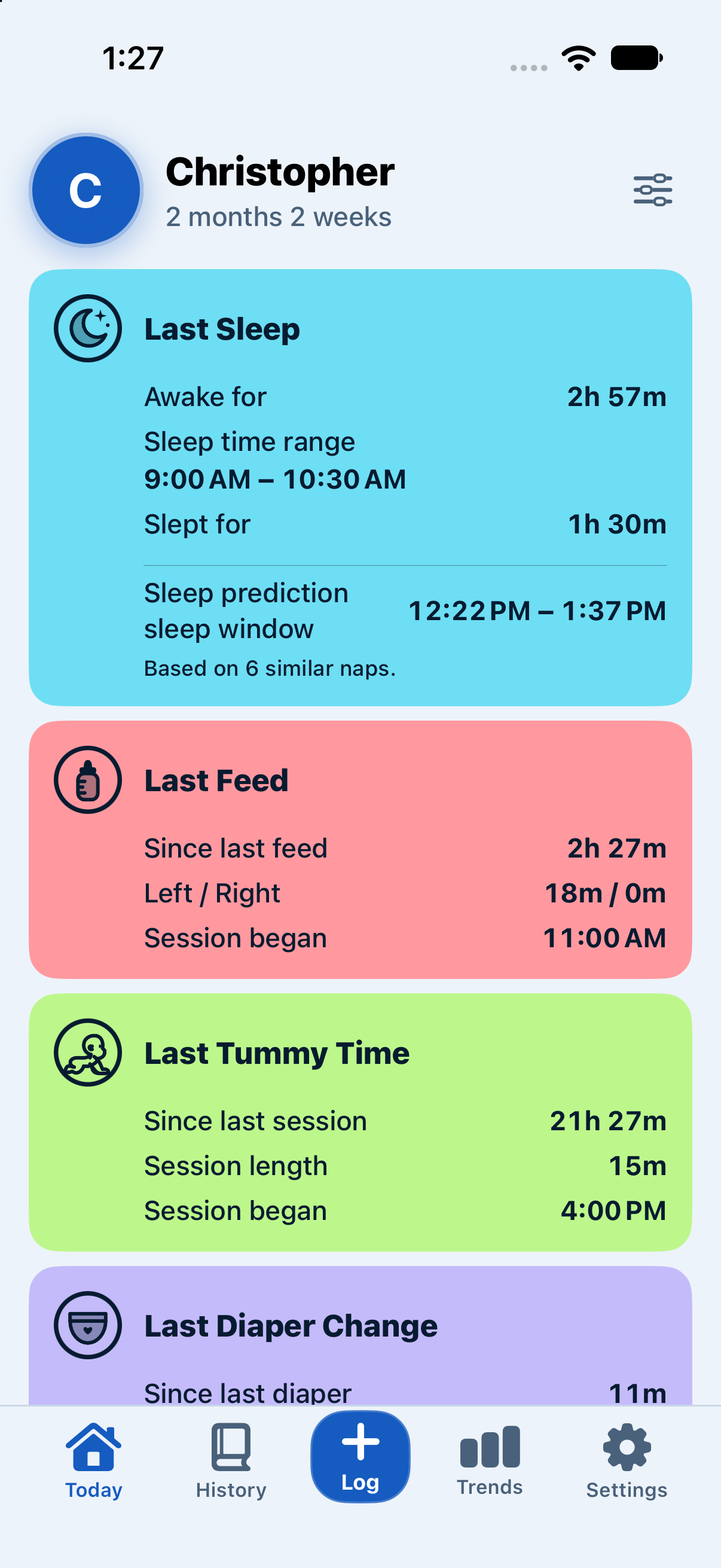 Baby Tracker Today screen, captured from build 226 with sample data