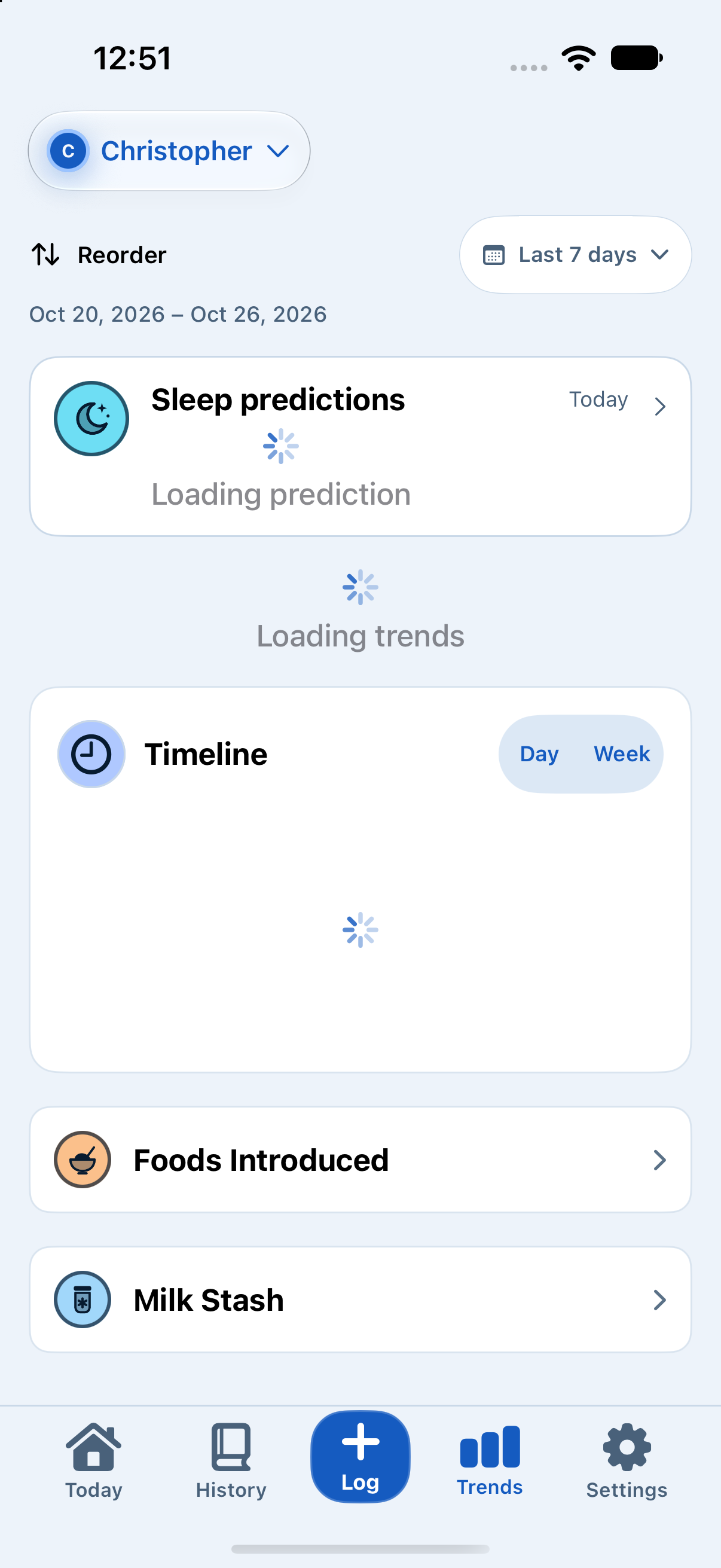 Real build 226 Trends screen with a week of sample records